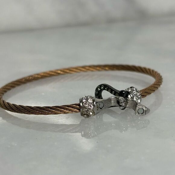 Rose Gold-tone Twisted Cable With Black and Silver Rhinestone Horseshoe Clasp Ba - Picture 1 of 4